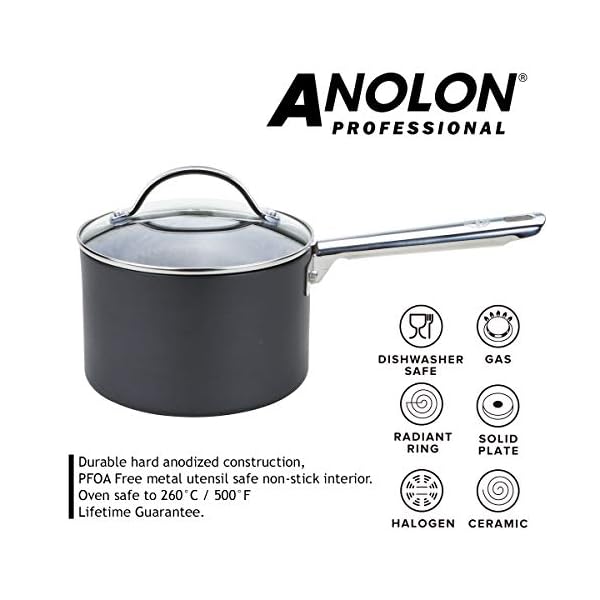 Anolon-85068-Professional-Milkpan-Saucepans-and-Frypan-Set-of-5-Lifetime-Guarantee-Premium-Non-Stick-pots-and-pans-with-Glass-lids-Hard-Anodised-cookware-Black Anolon Professional Non Stick Pots and Pans Set of 5 - Cookware Set with Milkpan, Saucepans with Toughened Glass Lids…