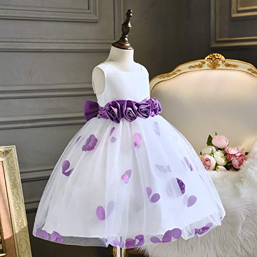 Girls Tutu Bow Dress Petals Princess Flower Dress with 3D Roses for Birthday Wedding Party (5, Purple) - Thumbnail 2
