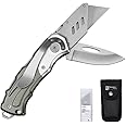 Heavy Duty Folding Utility Knife Dual Blade/Box Cutter/Work knife Safe Lock-Back with Cilp+ Nylon Pouch+5 Extra SK5 Blades Grey