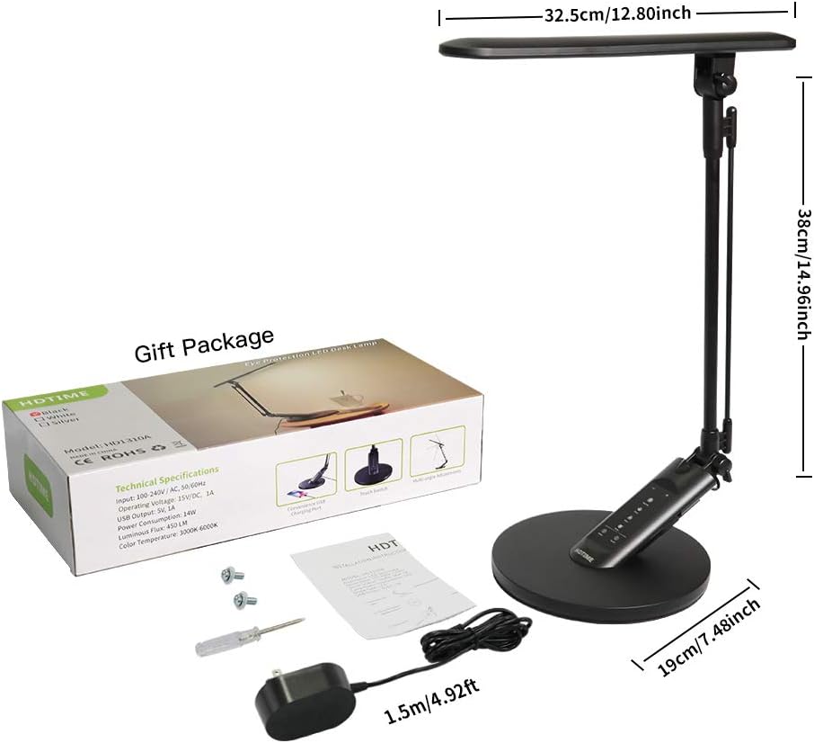 HDTIME Desk LED Lamp with USB Charging Port Touch-Sensitive Control with 1-Hour Timing Function,4 Lighting Modes with 7 Brightness Levels 36PCS LEDs(Black): Home Improvement
