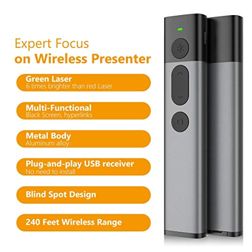 Wireless Presenter with Green Laser Pointer, Presentation Remote, Powerpoint Clicker 2.4GHz Rechargeable PPT PowerPoint Clicker, Support Hyperlink (Gray) - Thumbnail 2