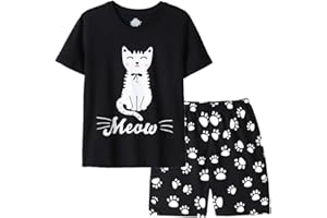 Vopmocld Big Girls Summer Short Sleeve Pajama Sets Cute Cat Patterns Sleepwear Nighty 100% Cotton