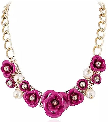 Mashahan Fashion Womens Pearls Colorful Flower Necklace for Evening Fuchsia