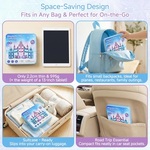 burgkidz Magnetic Building Blocks Travel Toy for Girls, 42 Pieces Ice Princess Magnetic Tiles in Metal Box - 60 Minutes Quiet 30s Tidy Up - Car Train Plane Gift 3 4 5 6 7 8 Years