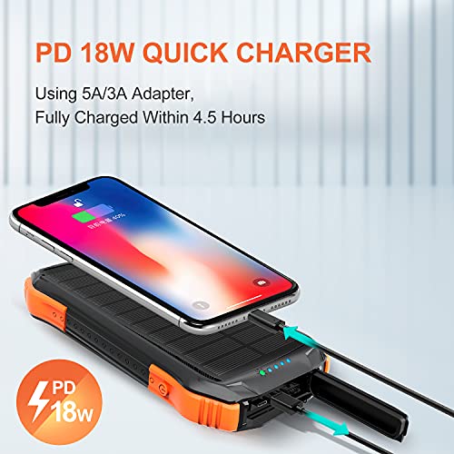 PD 18W QC 3.0 Solar Power Bank, 16000mAh Qi Portable Solar Charger, Fast Charging External Battery Compatible with iPhone, iPad, GPS, etc. IP65 Flashlight for Outdoor Camping (16000mAh)