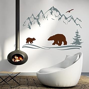 Vinyl Wandtattoo Berge Gipfel Wilde Tiere Bar Barenjunges Baum Natur Fauna Wilde Tierwelt Camping Wandaufkleber Wandsticker Wanddekoration Fototapete Dekoration Fur Schlafzimmer Kinderzimmer A591 Amazon De Kuche Haushalt