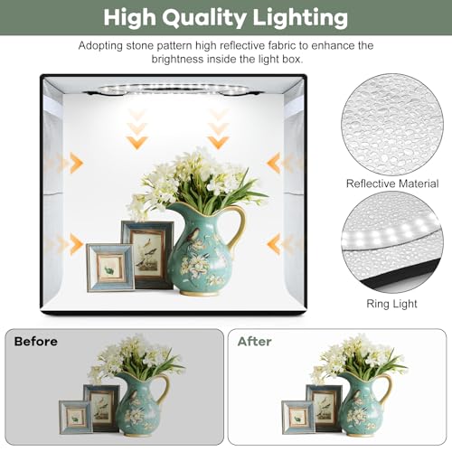 Lightdow Light Box Photography, 40CM/16"x16" Portable Photo Box Booth with 120 LED Lights Dimmable & 6 Backdrops, Mini Shooting Tent Kit for Small Product, Jewelry