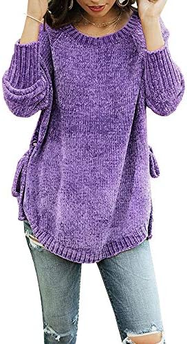 Womens Pullover Sweaters Plus Size Cable Knit Crew Neck Long Sleeve Split Side Tie Knot Fall Jumper Tops