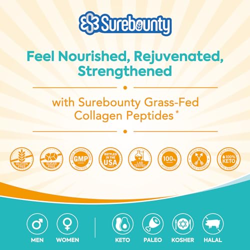 SUREBOUNTY COLLAGEN PEPTIDES POWDER, TYPE I & III, GRASS-FED BOVINE SOURCE, UNFLAVORED, DISSOLVES EASILY, SKIN, HAIR, NAIL & MUSCLE CARE, PALEO & KETO FRIENDLY, 8OZ