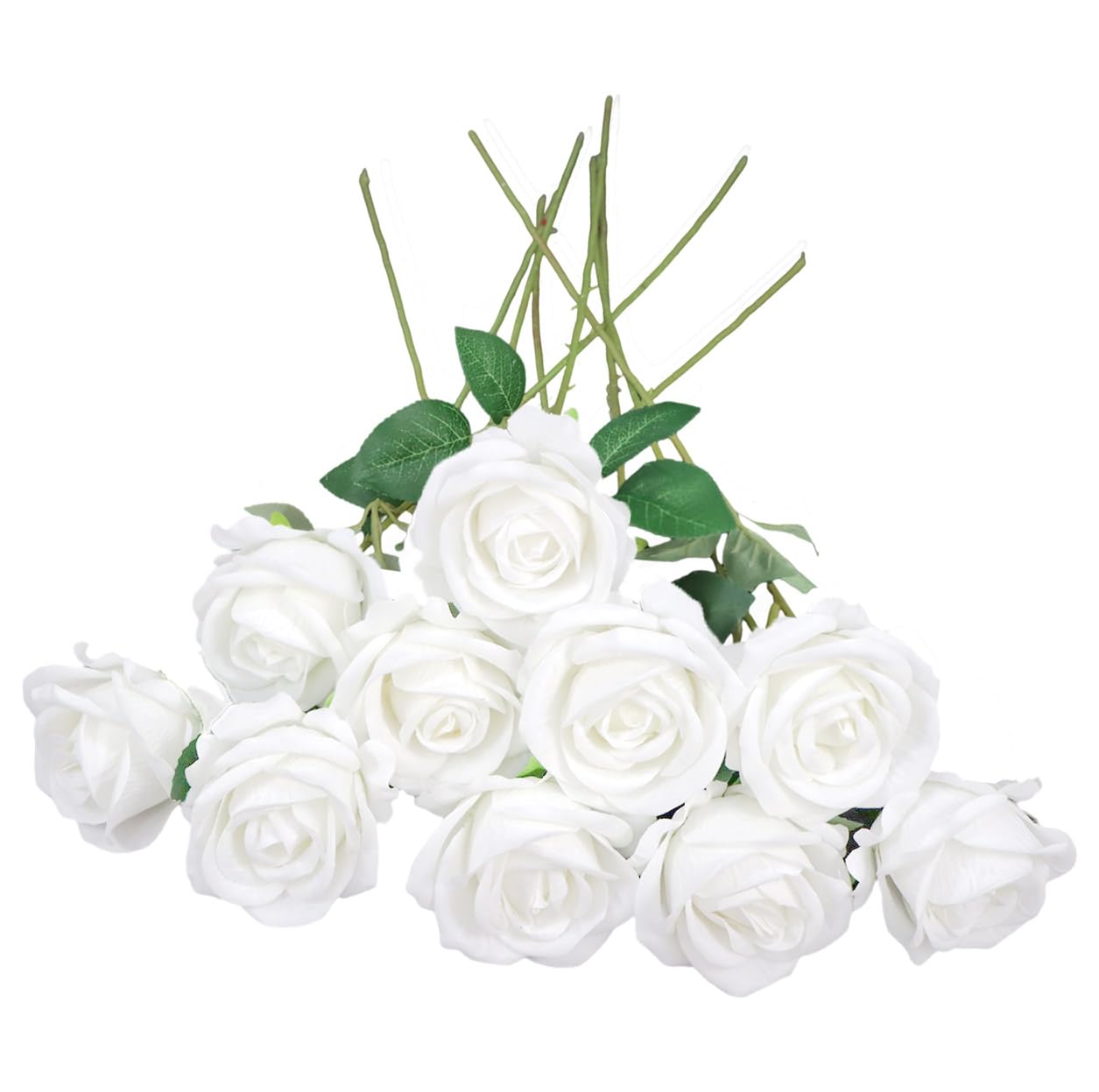Photo 1 of 10PCS Artificial Roses Flowers Realistic Roses Bouquet Long Stem Fake Silk Roses for DIY Wedding Bouquet Table Centerpiece Home Decor (White)