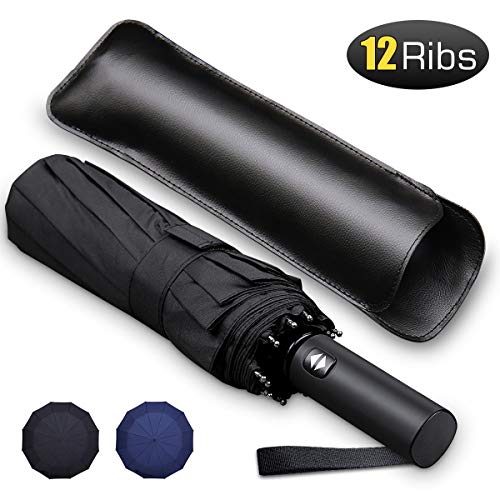 Bodyguard 12 Ribs Windproof Travel Umbrella with Teflon Canopy, Lengthened Handle with Auto Open Close Button, Compact Protection from Rain, Free Upscale Leather Cover - Thumbnail 7