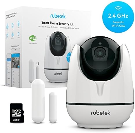 Rubetek WiFi Pan Tilt Home HD Security Camera-Indoor Wireless IP Security Surveillance DIY System Kit for Home Baby Pet Nanny Monitor with Free 32 GB Micro SD Card, 3 Pack Door Window WiFi Sensors
