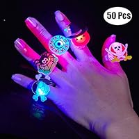 BUDI 50Pc Halloween Party Favors LED Flash Rings Halloween Gifts for Kids and Adults Halloween Treats Non Candy Gift Bag Fillers Great Assortment of 50