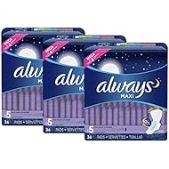 Always Maxi Feminine Pads with Wings for Women, Size 5, Extra Heavy Overnight, Unscented, 36 Count - Pack of 3 (108 Count Total)