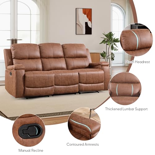 CANMOV Leather 3-Seat Recliner Sofa, Manual Reclining Sofa with Hidden Cup Holders, Padded Headrest & Lumbar Support 3-Seat Couch for Living Room, Home Theater, Brown