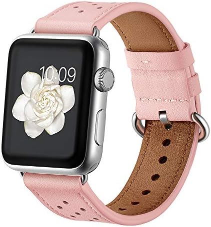Leather Band for Apple Watch 38mm 40mm/42mm 44mm,iwatch Series 1 2 3 4 Pink Replacement Strap with Rose Gold Stainless Steel Buckle Clasp