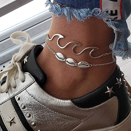 2 pcs Bohemia Anklets for Women Wave Alloy Shell Bracelets Rope Beach Foot Chain Jewelry GIF (Silver)
