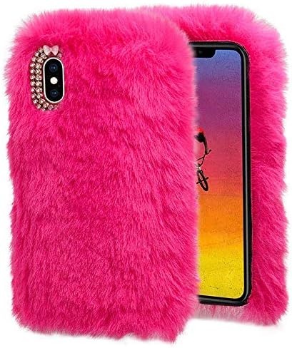Wihoo Case for iPhone XS Max,Luxury Crystal Bling Case FLuffy Artificla fur Cover [Supports WIreless Charging] for 6.5 inch iPhone Xs Max,Hot Pink