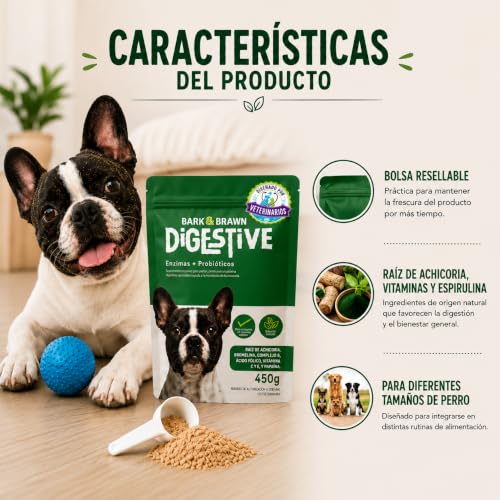 BARK & BRAWN Digestive para Perros 450g | Probióticos, Prebióticos y Enzimas Digestivas | con Raíz de Achicoria, Bromelina, Papaína, Linaza y Omega 3 | Probioticos Perro | hasta 90 Porciones