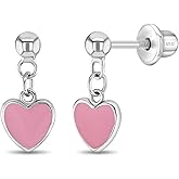 925 Sterling Silver Lovely Enamel Heart Dangle Earrings With Safety Screw Back - Best for Toddlers, Young Girls, Pre Teens & Teens - Fantastic Gift for Birthdays or Valentines Day