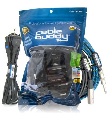 Cable Buddy® 50-pack, Black - Cable Organizer Ties with Color ID Labels