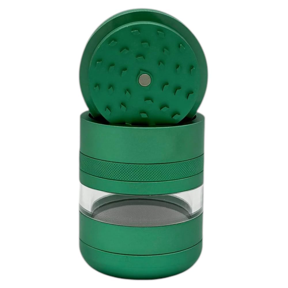 Chongz 7 Part Grinder, 55mm Pod, Premium Grade Quality Aluminium, Screen Chamber, Stainless Mesh, Glass Jar Body for Tobacco Spice Herbs (Green)