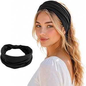 Women's Headband African Bohemian Wide Hairband Knotted Scarf Headscarf Hairband Hair Accessory (Black)