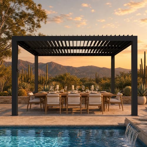 Modern Shade Louvered Pergola 10'x12' with USB Charging Power Strip, Black |...