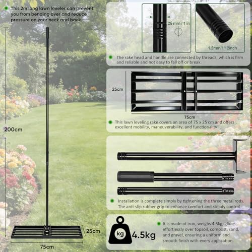 Lawn Levelling Rake uk with 200cm Long Handle, 75x25cm Leveling Base Ergonomic Effort Saving Garden Lawn Level Tool, Landscape Rake Soil Sand Dirt Ground Leveler Tool for Patio Yard Garden Golf Course