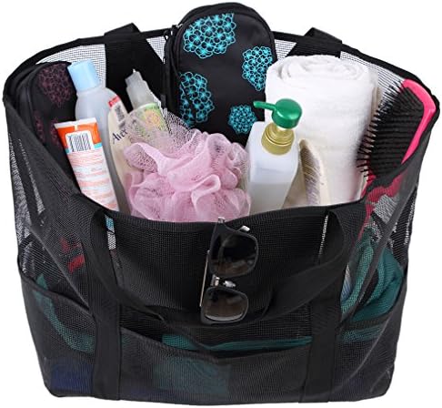 Mesh Beach Bag Tote Toy Bag Zippered Pockets Picnic Tote Large Lightweight Market Grocery Beach Tote Bag for Women and Men (Black)