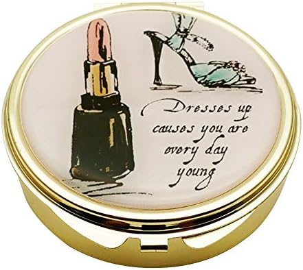 Art Pill Box Mirror 3 Large Detachable Compartments 2 or 3 Times a Day AM PM Portable Travel Pill Organizer Round Golden Metal Pill Case Medicine Holder Container Jewelry Box for Purse Pocket