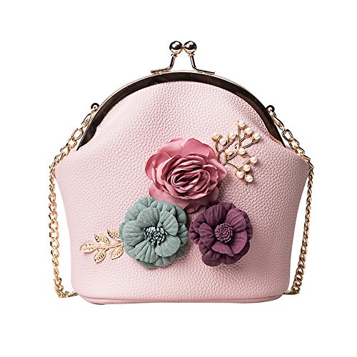 Women Retro Flower Handbag Chain Strap Shoulder Crossbody Bag Small Purse Wallets Clutch (Pink)