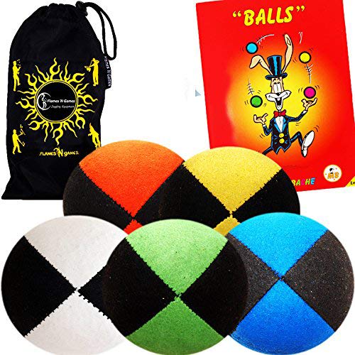 Flames 'N Games 5x Pro Thud Juggling Balls - Quality SUEDE Feel Juggling Ball set of 5 + Mr Babache Ball Juggling Book of Tricks & Travel Bag! (Black/Red)