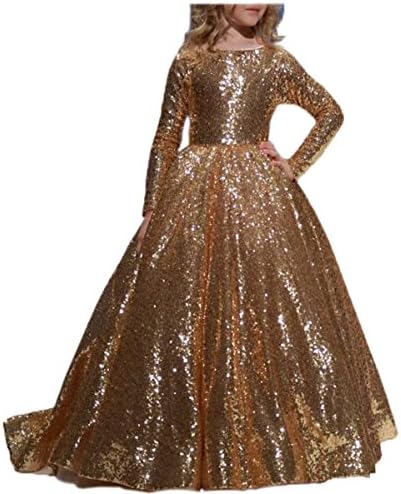 PEBridal Girls' Gold Sequin Flower Girl Dress Long Sleeve Communion Gown