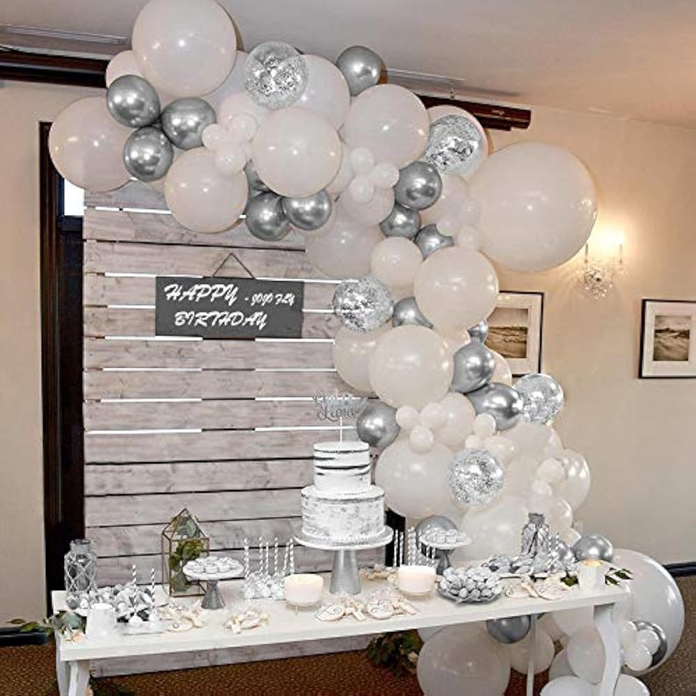 70 Pcs Balloon Garland Arch Kit, Silver White Balloons