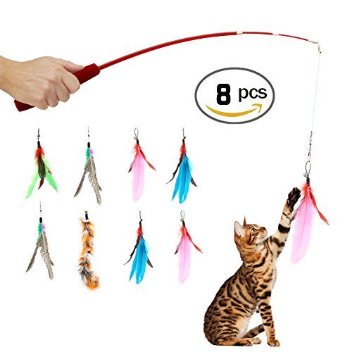 Retractable Wand , Multi Feather Teaser and Exerciser For Your Cat and Kitten - Cat Toys Interactive Cat Wand (8PCS)