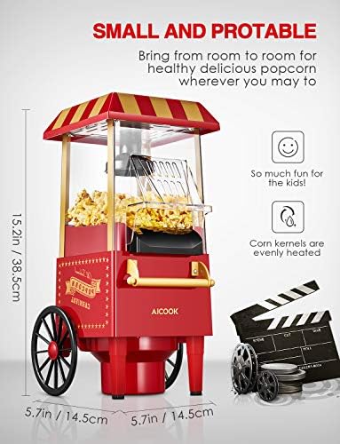 Aicook Machine à Pop Corn, 1200W Retro Machine à Popcorn avec Air Chaud, Sans Gras Huile, Facile á L'utilisation, Rouge