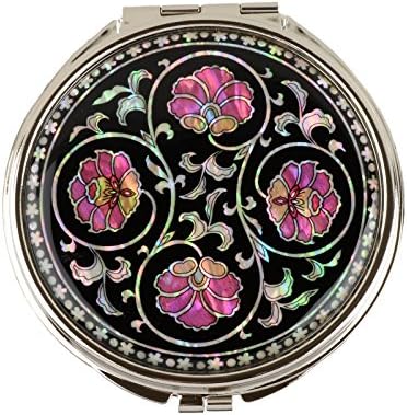 Round Compact Magnifying Make up Double sided Mirror Mother Of Pearl Art Ivy Flower