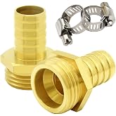 Hooshing 2PCS Garden Hose Male Adapter 3/4" Barb x 3/4" GHT Male Connector | Heavy Duty Brass Hose Repair Mender, with Stainless Clamps