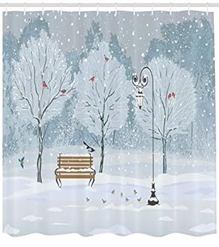 ABAKUHAUS Weihnachten Duschvorhang, Schnee in Park Weihnachtsbaum, Pflegeleichter Stoff mit 12 Haken Wasserdicht Farbfest Bak