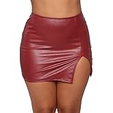 Women PU Leather Bodycon Short Skirt High Waisted Stretchy Asymmetrical Split Hem Hip Wrap Mini Skirt
