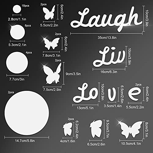 43 Pieces 3D Acrylic Mirror Wall Stickers with Butterfly Decor,DIY Live Laugh Love Family Mirror Wall Decor Solid Circle Mirror Wall Decal for Living Room Bedroom Classroom,SLDIYWOW