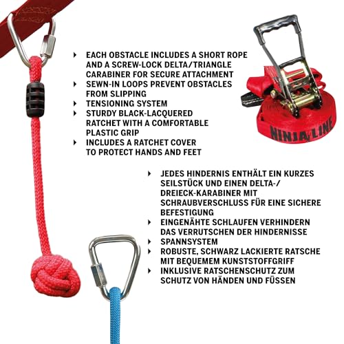 Slackers NinjaLine 11m Starter Set | Complete Kit with 7 Hanging Obstacles | Includes Slackline, Ratchet and Carry Bag | Suitable for Children 5 Years Old