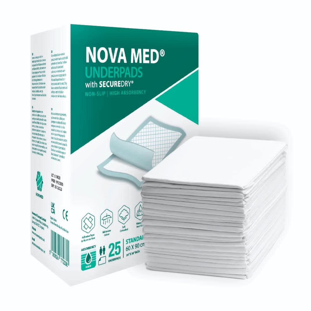 Novamed Incontinence Bed Pads with Self Adhesive Tape 60 x 90cm, Underpads, Bed protectors for adults and kids - 25 pads per bag - 1700-1900ml Absorption - A British Brand White