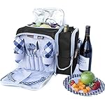 Picnic Basket Bag Set, 2 Person Insulated Tote with Cooler Compartment and Complete Flatware by PicnicVibe. Two Bottle Section Setting, Includes Wine Glasses, Plates and Cutlery