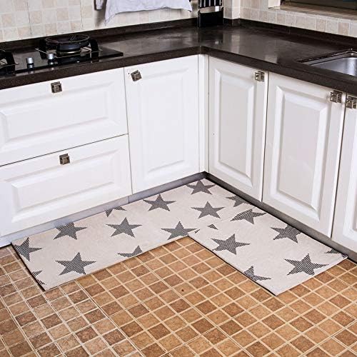 AMIDA 2 Piece Non-Slip Kitchen mat Runner Rug Set Beige Cream Non Slip Backing Washable Modern Star 17"x24"+17"x47"