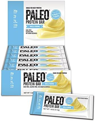 Paleo Protein Bars Vanilla Pudding 12 Bars (20g Protein) w/Probiotics 3 Net Carbs