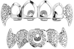 YOSZO Vampire Teeth Fang Grillz Hollow braces for sharp teeth 14K Gold Silver Plated Hip Hop Fangs Top Bottom Teeth Grills for Men and Women