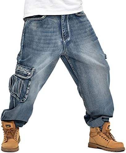 QIBOE Men's Hip Hop Light Denim Cargo Long Vintage Jeans