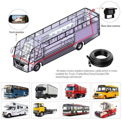 7" 4 Pin Mirror Monitor + 18 LED Night Vision Waterproof Rear View Camera with 15m Cable for Truck Caravan Trailer Motorhome 12V-24V